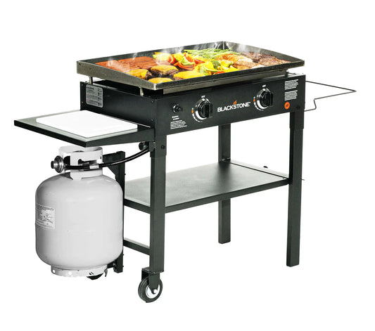 Blackstone 1853 Flat Top Gas Grill 2 Burner Propane Fuelled Rear Grease Management System 28” Outdoor Griddle Station for Camping with Built in Cutting Board and Garbage Holder, 28 Inch, Black