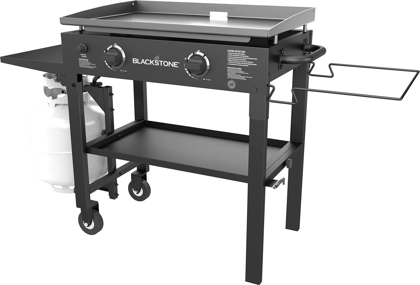 Blackstone 1853 Flat Top Gas Grill 2 Burner Propane Fuelled Rear Grease Management System 28” Outdoor Griddle Station for Camping with Built in Cutting Board and Garbage Holder, 28 Inch, Black